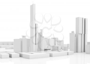 Abstract contemporary cityscape, tall houses, industrial buildings and office towers. 3d render illustration isolated on white