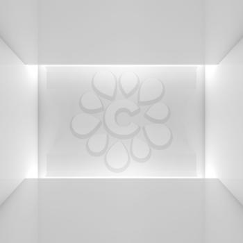 Abstract square white contemporary interior, front view of an empty room with soft illumination. Digital 3d illustration, computer graphic