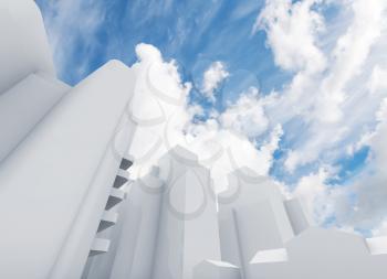 Abstract contemporary cityscape, cloudy blue sky on a background, 3d render illustration