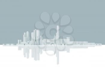 Abstract modern cityscape skyline. Blue toned 3d render with glossy white ground. Digital 3d render illustration