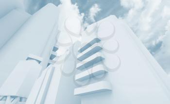 Abstract contemporary cityscape over cloudy sky background, blue toned 3d render illustration