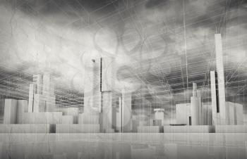 Abstract contemporary city background. Cityscape skyline, dramatic sky and wire frame lines pattern layer. Monochrome 3d render illustration