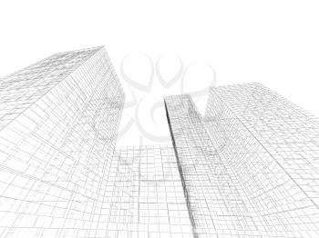 Digital graphic background. Abstract tall buildings perspective view, black wire frame lines isolated on white background. 3d render illustration