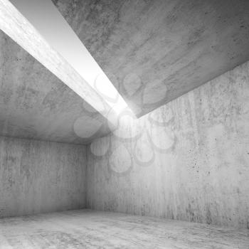 Abstract architecture, square background, empty concrete room interior with white light opening in ceiling, 3d illustration