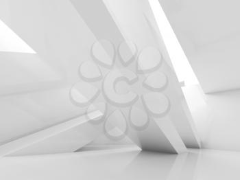 Abstract white interior background, empty room with beams and soft illumination. Digital 3d illustration, computer graphic
