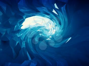 Twisted abstract shining bright blue crystal digital tunnel background. 3d illustration