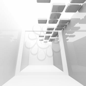 White abstract empty corridor interior with ceiling decoration. Square 3d illustration