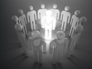 Creativity idea metaphor. One shining man stand in round of ordinary people, 3d illustration
