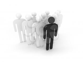 Group of schematic people with black leader character on white background. 3d illustration concept