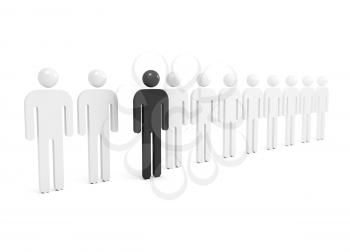 Row of abstract white people with one black outstanding figure, 3d illustration