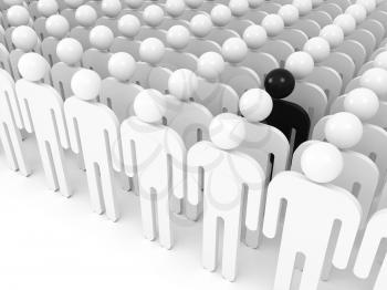 Difference concept. One black schematic man in crowd of white people, digital 3d illustration