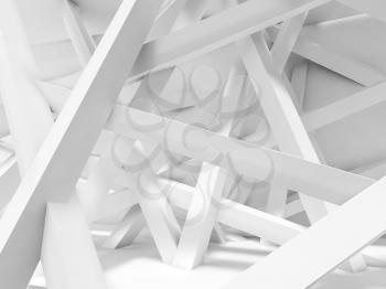 Abstract white interior background. Chaotically oriented beams in empty room. 3d illustration, computer graphic