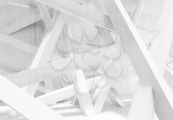 Abstract white concrete interior background. Chaotically beams installation in empty room. 3d illustration, computer graphic