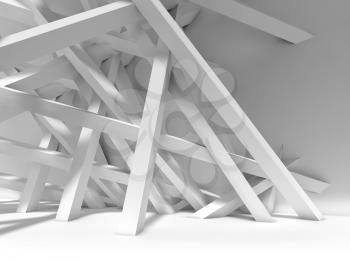 Abstract white interior background. Chaotically beams installation in empty room. 3d illustration, computer graphic