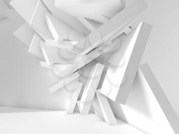 Abstract white interior background. Chaotically square blocks installation in empty room. 3d illustration, computer graphic