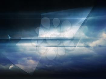 Abstract digital background, shining polygonal structure over dark cloudy sky. 3d illustration, computer graphic
