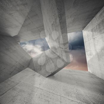 Concrete room interior with chaotic structures and dark cloudy sky outside. Abstract architecture background, 3d illustration