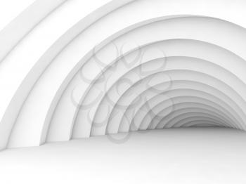Abstract digital interior background, white vortex tunnel with flat floor, 3d illustration