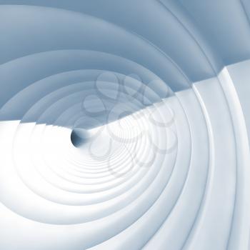 Abstract square digital background, white bent vortex tunnel interior, light blue toned 3d illustration