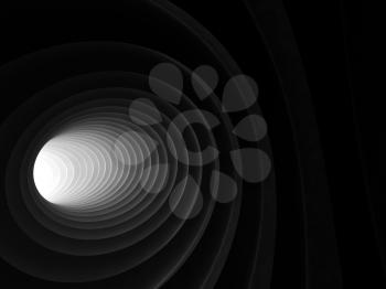 Abstract digital background, black bent spiral tunnel interior with light in glowing end, 3d illustration