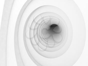 Abstract white digital background, vortex tunnel interior with dark end, 3d illustration