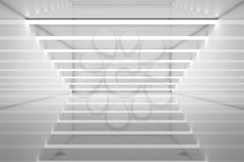 White room interior stripes of neon lights and reflections. Futuristic architecture background. 3d render illustration