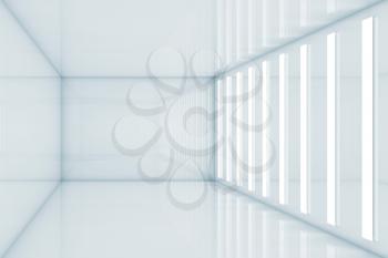 Abstract empty white room with thin stripes of wall lights. Contemporary architecture background. 3d render illustration