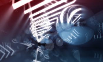 Abstract digital background, blue tunnel with stripes of neon lights and flying mirror balls, 3d illustration
