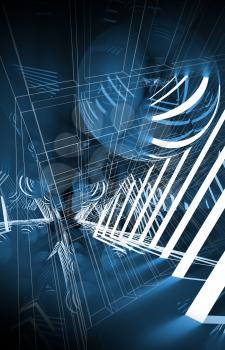 Abstract vertical digital background, blue tunnel with neon lights and mirror ball, 3d illustration