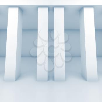 Abstract white room with columns, blue toned interior background, square 3d illustration