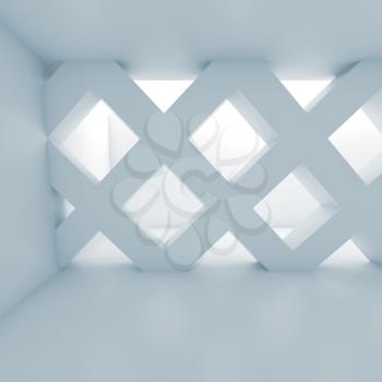 Abstract empty room with partition made of square cell girders, interior background, blue toned 3d illustration