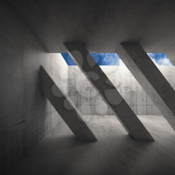 Abstract architecture background, empty concrete room interior with diagonal columns and blue cloudy sky outside, 3d illustration