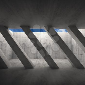 Abstract architecture background, front view of an empty concrete room interior with diagonal columns and blue cloudy sky outside, 3d illustration