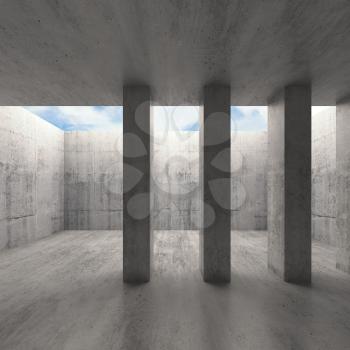 Abstract architecture background, concrete room interior with columns and cloudy sky outside, 3d illustration
