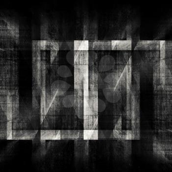 Abstract grungy concrete background with dark chaotic structures pattern. Square black and white 3d render illustration