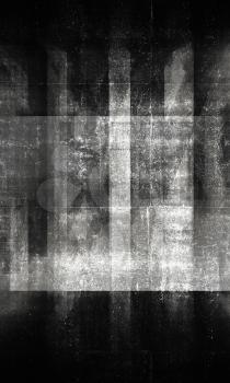 Abstract grungy concrete background with dark chaotic structures pattern. Vertical black and white 3d render illustration