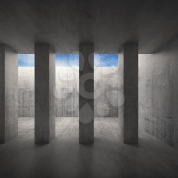 Abstract architecture background, dark concrete room interior with columns and cloudy sky outside, 3d illustration