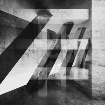 Abstract grungy concrete wall background with chaotic structures pattern. Black and white square 3d render illustration, concrete texture