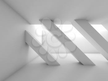Abstract white empty room with diagonal columns, blank interior background, 3d illustration