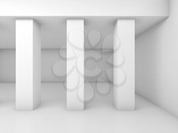 Abstract white empty room with three columns, blank interior background, 3d illustration
