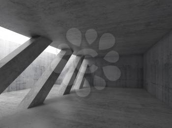 Abstract architecture background, empty concrete interior with diagonal columns and white ceiling window. 3d illustration