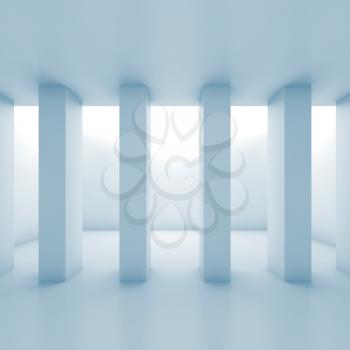 Abstract white room with columns, 3 d blue toned interior background, square 3d illustration