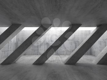 Abstract architecture background, front view of an empty dark concrete interior with diagonal columns and white ceiling window. 3d illustration