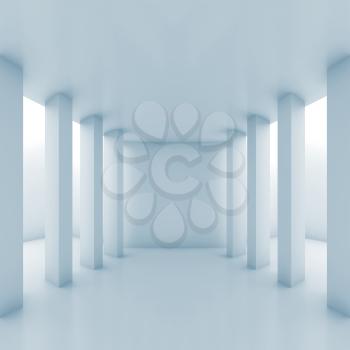 Abstract white corridor perspective with columns, blue toned interior background, square 3d illustration