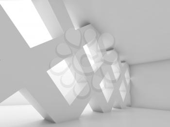Abstract white empty room with partition made of square cell girders, blank interior background, 3d illustration