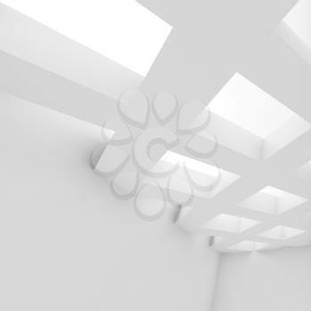 Abstract white empty room with square cell partition under ceiling light window, blank interior background, 3d illustration