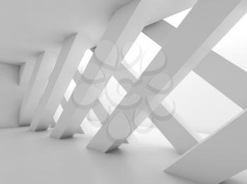 Abstract empty room with partition made of diagonal girders, blank white interior background. 3d illustration