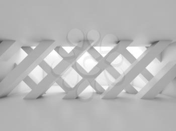 Front view of an abstract empty room with partition made of diagonal girders, blank white interior background, 3d illustration