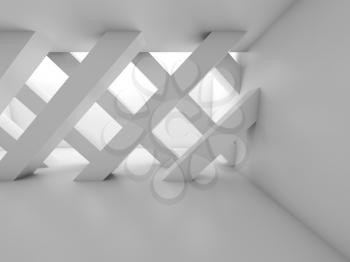 Abstract empty room with partition made of diagonal girders, blank white interior background, 3d illustration