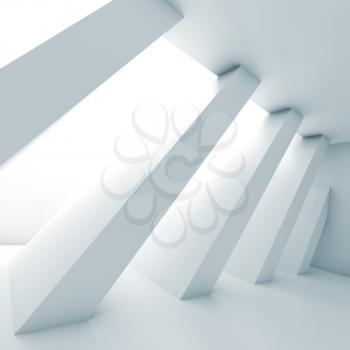 Abstract white empty room, diagonal columns in a row, blank interior background, 3d illustration
